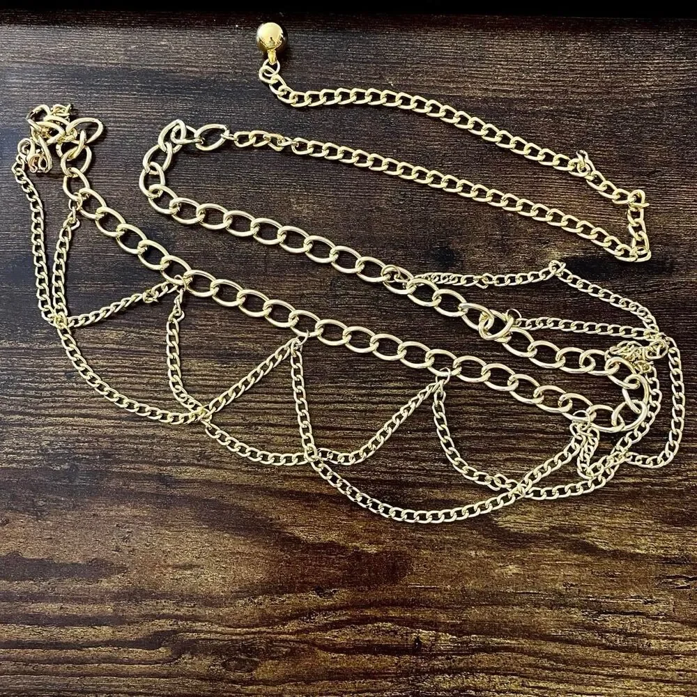 Gold Y2K Cascading Draped Layered Waist Chain Belt, Fits 21-41 Inches, X7GA1360